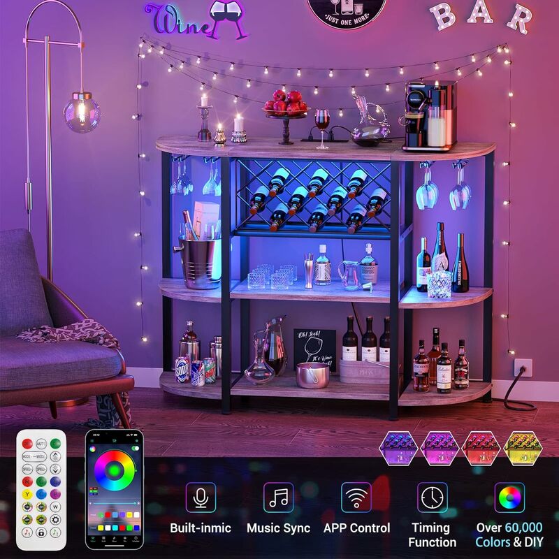 4-poziomowa metalowa szafka do baru kawowego Unikito z wylotem i oświetleniem LED, wolnostojący stół do przechowywania napojów alkoholowych stojak na kieliszki stojaka na wino