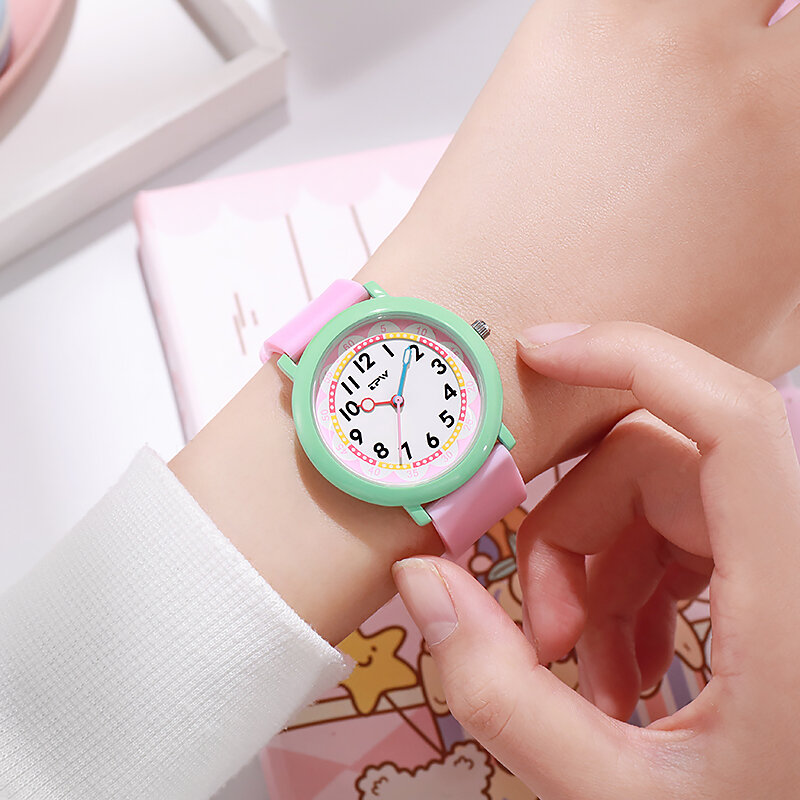 Esfera colorida de 37mm, reloj bonito para mujer joven, correa de goma, manos luminosas
