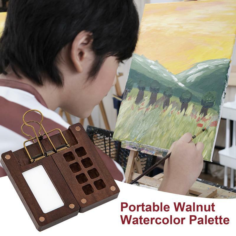 Palet cat air kenari portabel, perlengkapan seni cat air Mini kayu kosong kotak cat akrilik