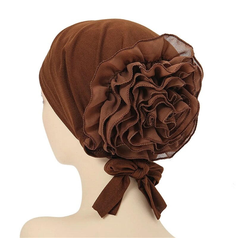 Wielokolorowa szyfonowy hidżab czapka na jednolity kolor kapelusz z kwiatem moda muzułmańska chusta na głowę damski Turban chustka