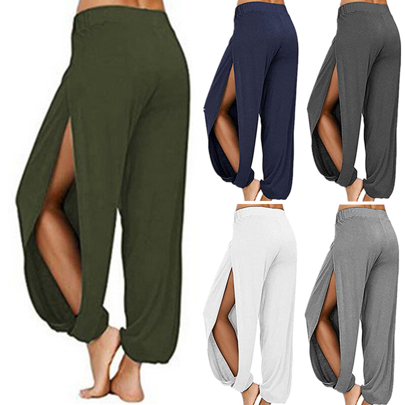 Women Fashion Yoga Pants High Waisted Slit Wide Leg Haren Pants Gym Leggings Casual Solid Hollow Workout Trousers Gym Home Wear