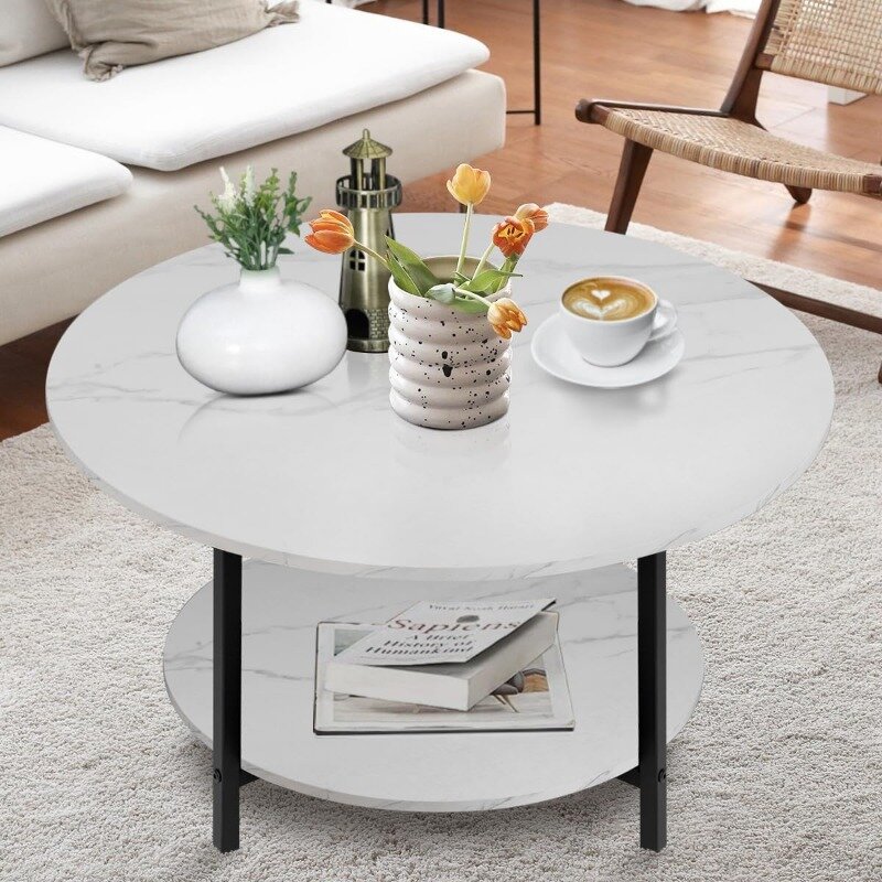 TOYSINTHEBOX Round Coffee Tables, Accent Table Sofa Table Tea Table with Storage 2-Tier for Living Room, Office Desk, Balcony
