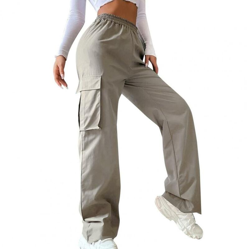 Calça carga com elástico na cintura feminina, corredores de pernas largas, bolsos, streetwear casual, monocromática, suave, coreana, lady