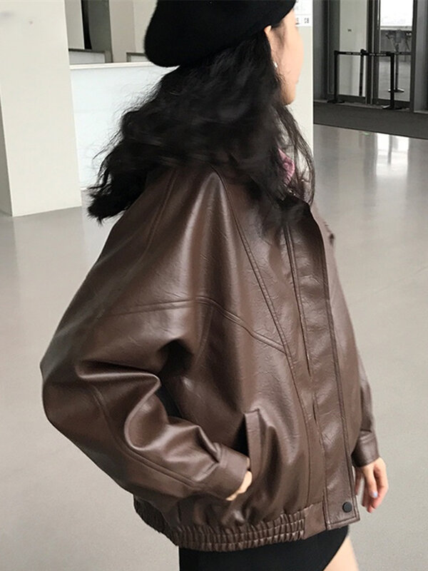 Куртка женская кожаная на молнии, черная/коричневая, в стиле ретро