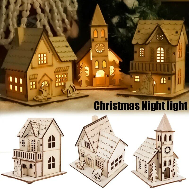 Luz LED de noche de Navidad, adornos de cabina de madera DIY, para el hogar Decoración de mesa, lámpara de noche, regalos de Año Nuevo, juguetes para niños