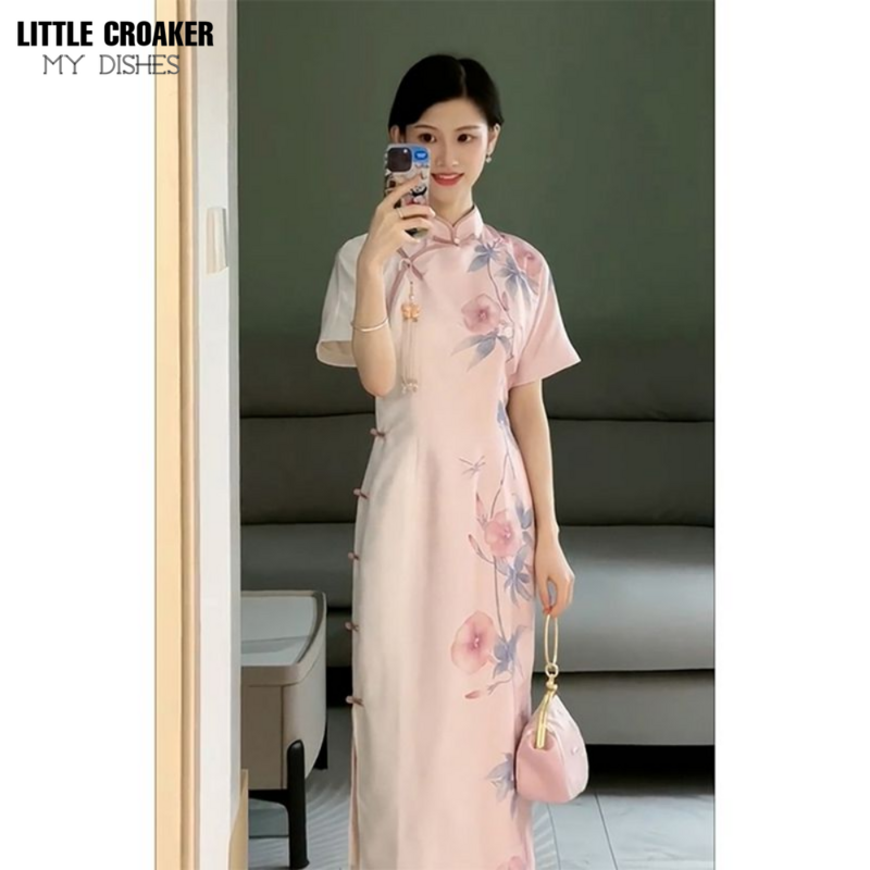 Женское Новое китайское розовое атласное платье с принтом, улучшенное платье-Ципао, женское летнее элегантное нежное длинное платье в китайском стиле