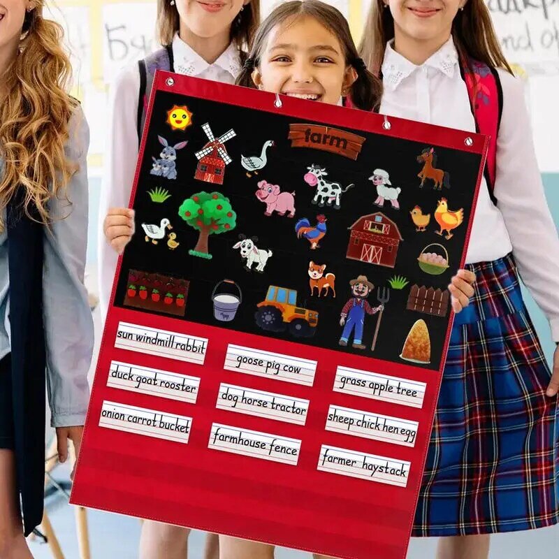 Tabla de bolsillo colgante para Calendario de aula, gráfico de bolsillo negro con 15 tarjetas de borrado en seco y 50 pegatinas, Aula roja y negra