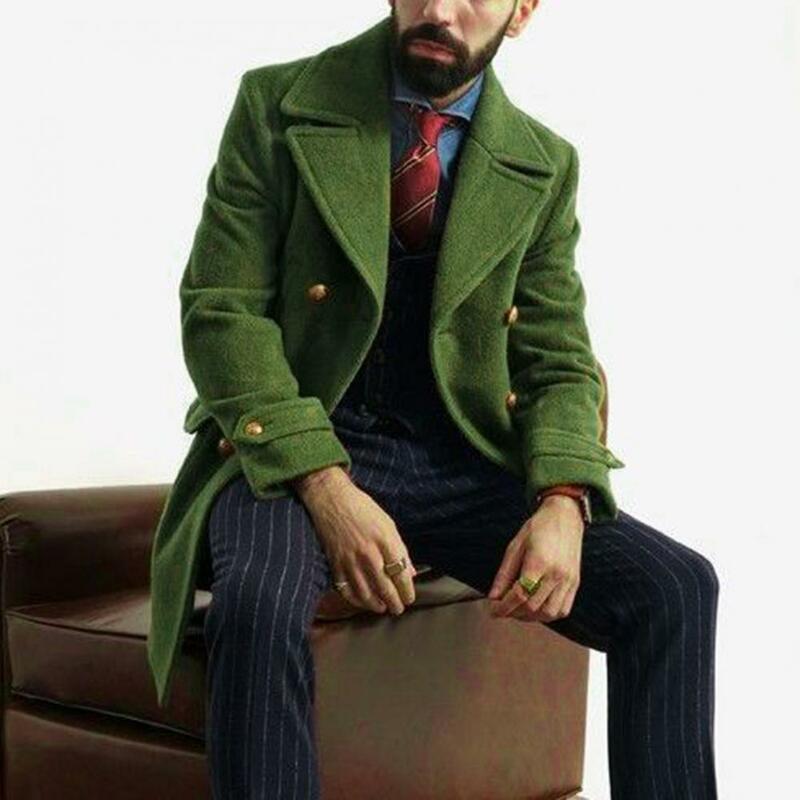 Manteau long à double boutonnage de style britannique pour hommes avec poches à col cranté, optique de document solide, formel, automne