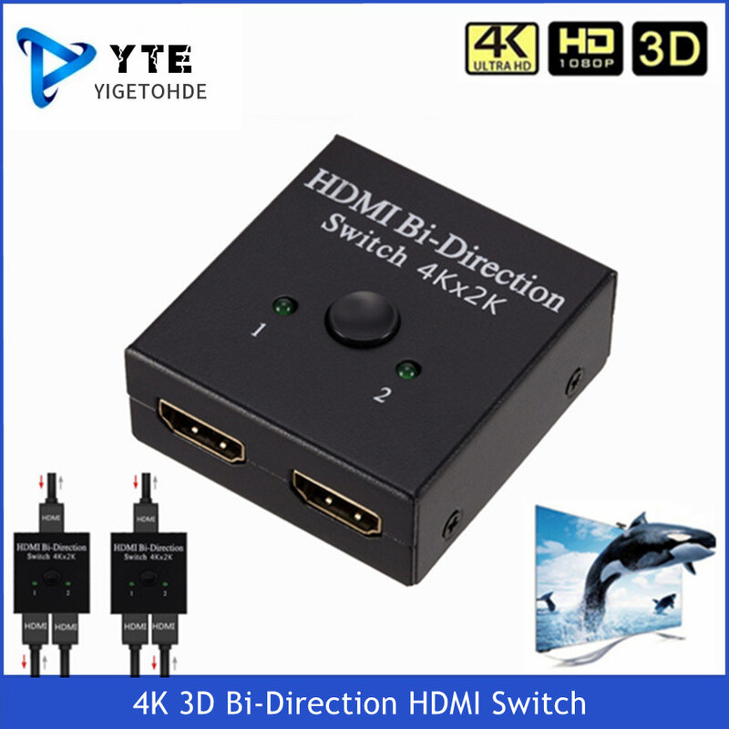 YIGETOHDE 4Kx2K Switcher UHD 2 Ports Bi-directional Manual 2x1 1x2 HDMI AB Switch HDCP Supports 4K FHD Ultra 1080P for Projector