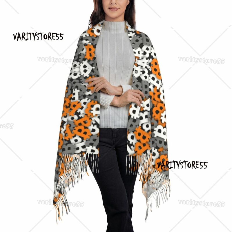 Moda Bitcoin miejski kamuflaż z frędzlami damska zimowa, jesienna ciepły szal chusty damskie BTC Blockchain