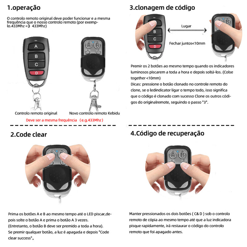 Smart Copy Remote Control Duplicator, Transmissor, Controle Remoto, 4 Button, Elétrico, Porta da Garagem, Portão, 433.92 MHz, 315 MHz, 330MHz, 433MHz