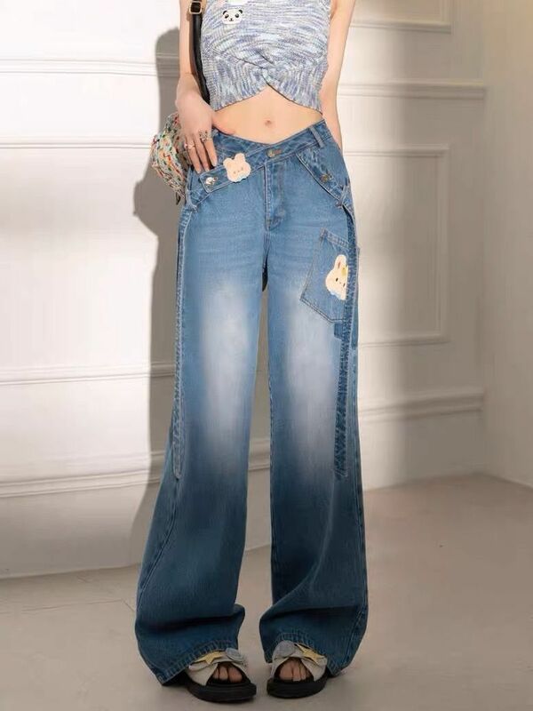 Американская модель, милый медведь, нишевые женские свободные прямые повседневные джинсовые брюки в пол с высокой талией для девочек