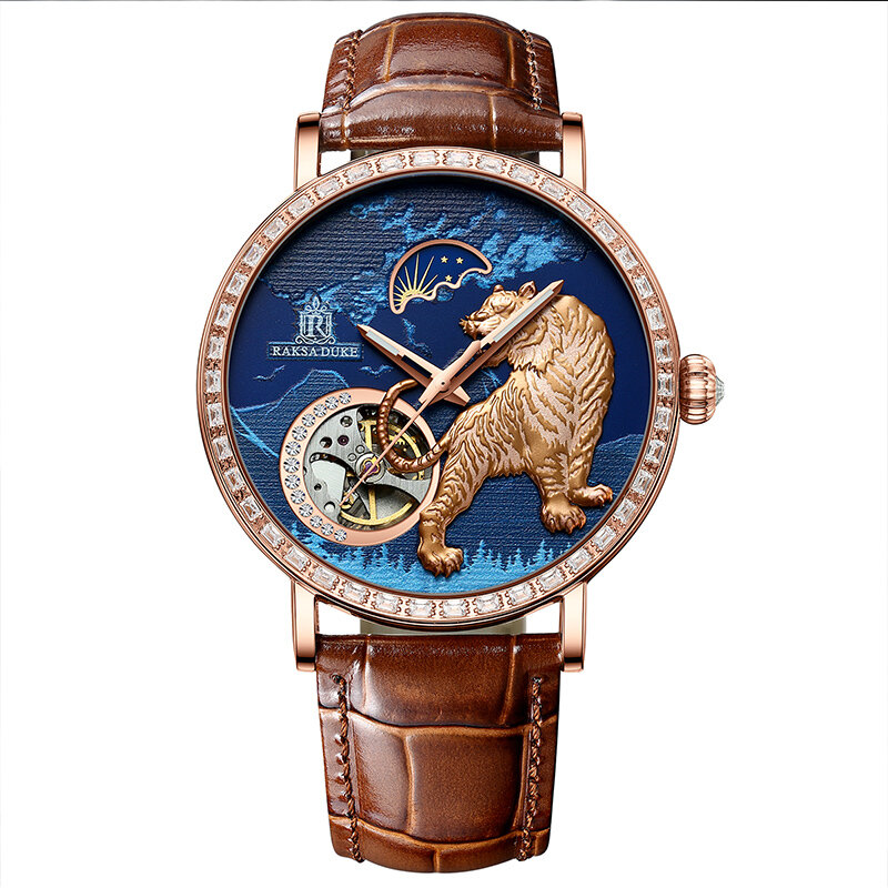 3D Carved Tiger Dial W/ Diamond Skeleton Mechanical Watches for Men Tourbillon Moonphase Automatic Men's Watch Reloj Hombre 2022