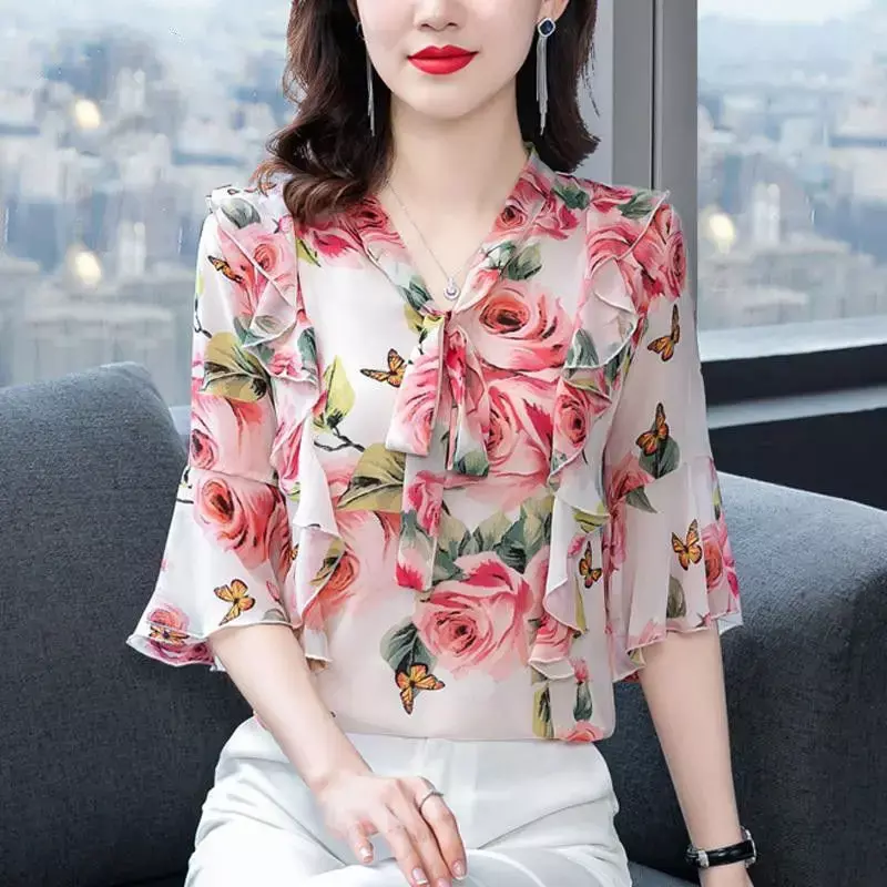Biuro różowe bluzki z falbanką słodka dama top kwiat wydruku bluzka kobiety lato szyfonowa koszula moda kobiet z krótkim rękawem Blusas Mujer