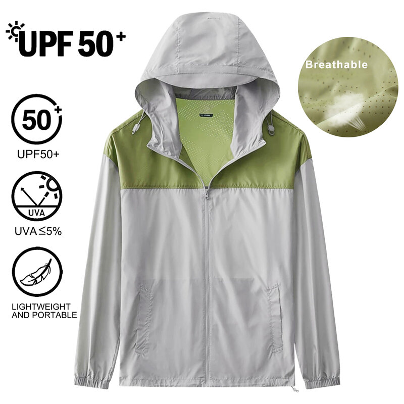 Mantel kulit bertudung pria, pakaian Windbreaker perca bertudung, jaket kasual tahan air UPF50 + pelindung matahari, nyaman, ringan & tipis, musim panas 6XL