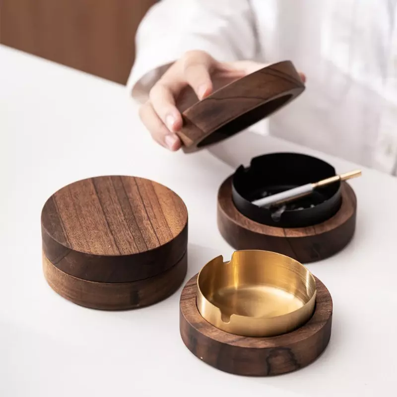 New Creative Ashtrays With Lid Walnut Wood Desktop Ashtray Stainless Steel Windproof Ash Tray for Smoking Office Home Decoration