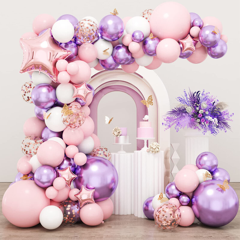 Motyl różowy balon Garland Arch Kit dekoracja na przyjęcie z okazji urodzin dzieci Baby Shower lateksowy łańcuch balonowy materiały na wesele