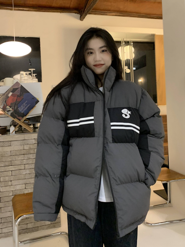 Jaqueta Harajuku americana para mulheres, roupa de pão, coringa casual, gola grossa coreana, casaco de costura com zíper, jaqueta de inverno nova