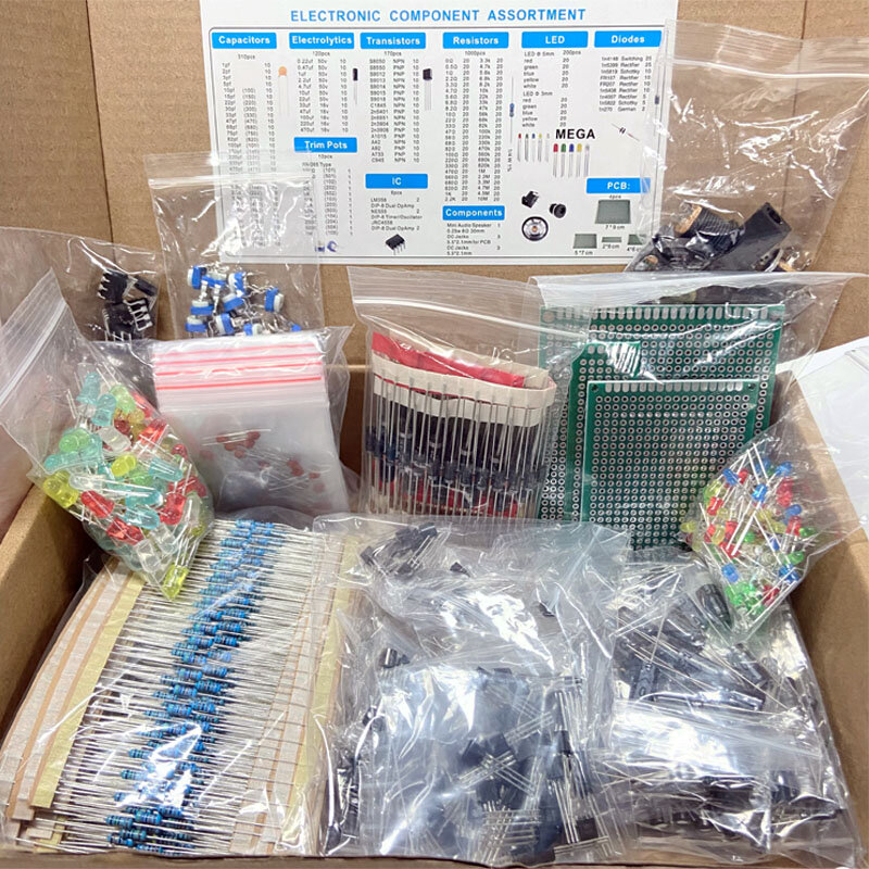 Kit de componentes electrónicos Ultimate Edition, varios condensadores comunes, resistencias, condensadores, T0-92, transistores LED, placa PCB, DIP-IC