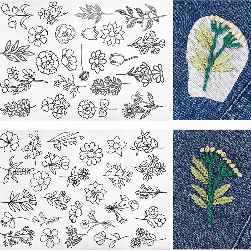 Diseños de flores y hojas, papel de bordado de costura, manualidades de bordado hechas a mano, papel de transferencia de disolución