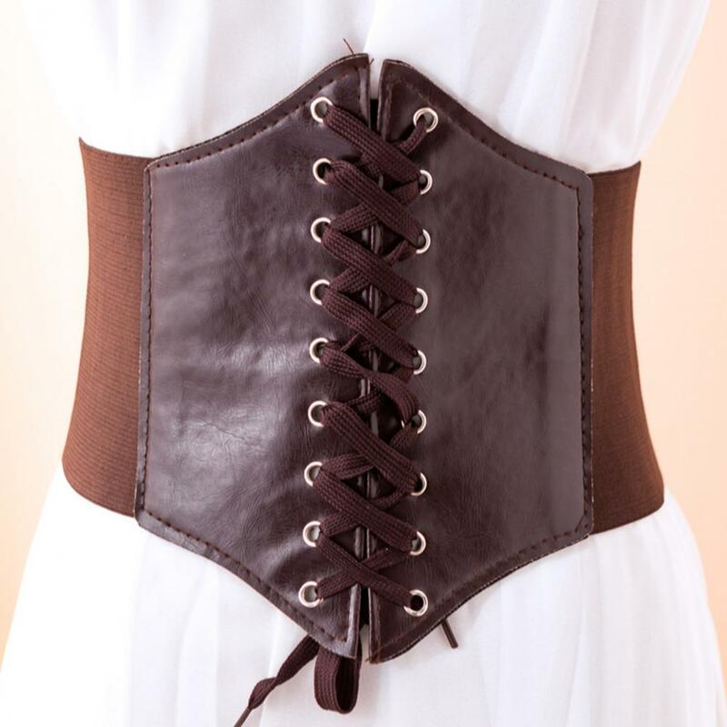 Cinto de cintura irregular feminino, cinto de espartilho elástico com cordões, couro falso largo, design retrô, cintura para vestido