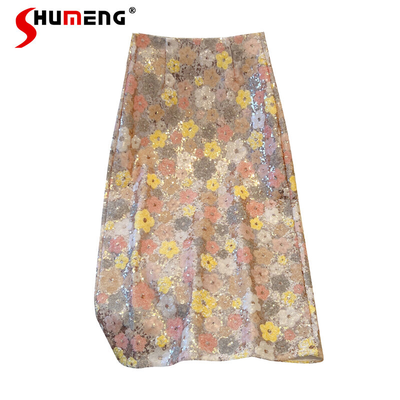 Sequins Colorful Flowers Embroidery Skirt Ladies 2024 Summer New Elegant Women's A- Line Shinny High Waisted Sheath Midi Skirts