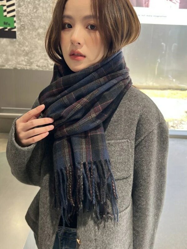 Новинка 2023, женский шарф из искусственного кашемира, зимний винтажный клетчатый шарф в стиле преппи, женское одеяло, парео