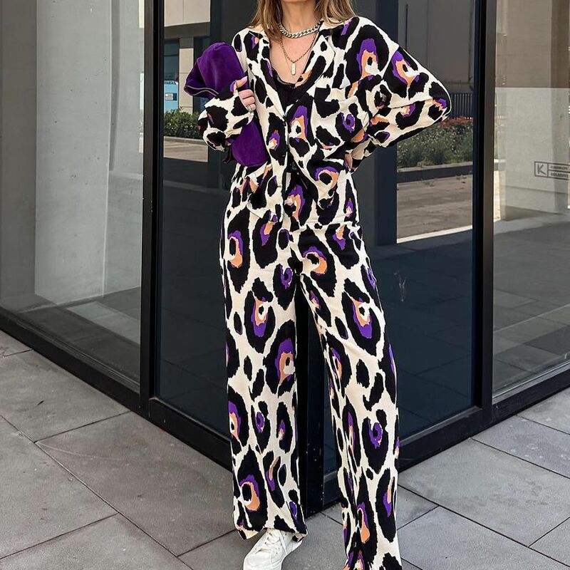 Tracksuit Pant Sets Women Print Ankle Length Wide Leg Pants Single Breasted Tops Pockets Loose Two Pieces High Street 2024