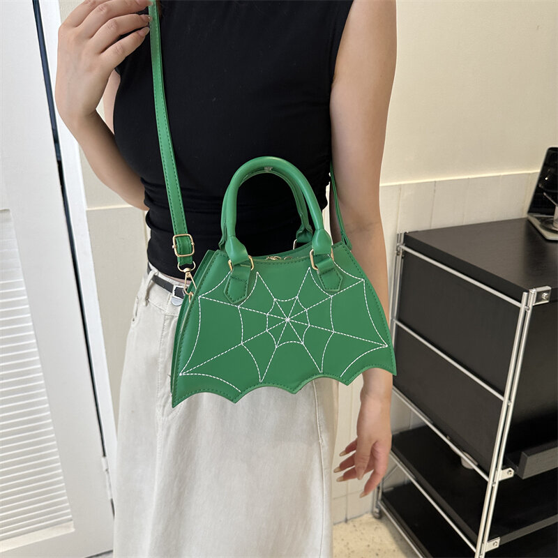 حقيبة كروس من الجلد الصناعي للسيدات ، تصميم على شكل عنكبوت ، حقيبة كتف غير منتظمة ، حقيبة يد خضراء غير منتظمة ، متعة صغيرة ، تطريز خيطي ، خفاش