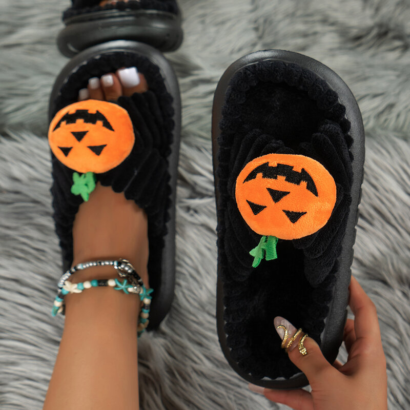 Pantofole da donna in pelle scamosciata croce autunno/inverno limitato testa di zucca di Halloween comode pantofole piatte taglie forti