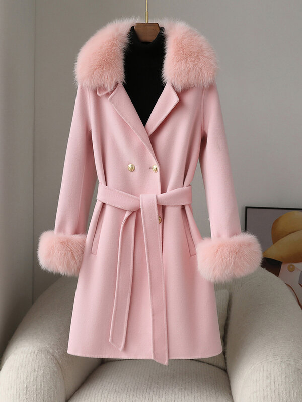 Double sided cashmere coat, women's double breasted medium length fur collar, Korean version slim fit high-end pure wool