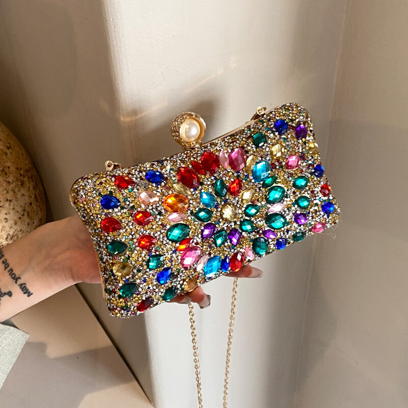 Luxury Colorful Diamond Evening Clutch Bag Women's Handbag 2024 Designer Party Purse Fashion Crossbody Phone Bag Lipstick Pouch