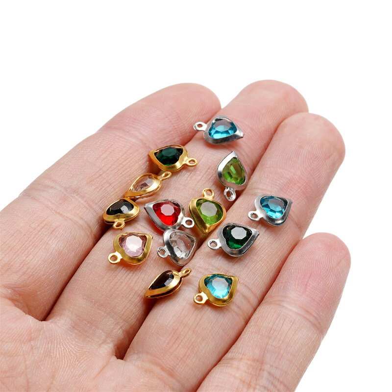 10 buah/lot 7.5mm baja tahan karat hati dengan jimat berlian imitasi liontin untuk kalung gelang liontin DIY membuat perhiasan perlengkapan