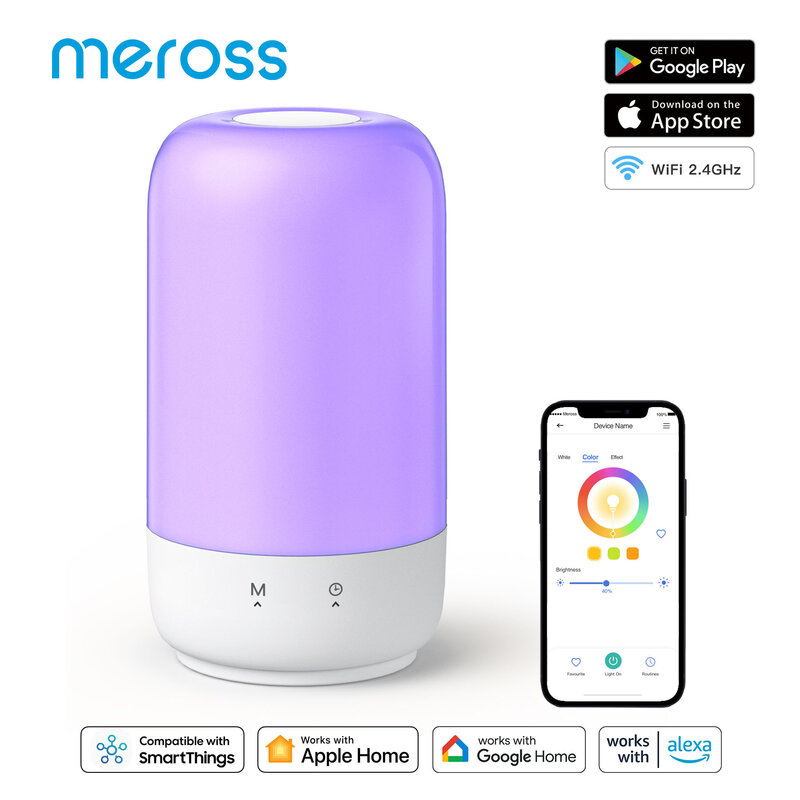 Merossホームキットスマートアンビエントライト、寝室用wifi LEDナイトライト、調光可能なベッドサイドランプ、Siri、alexa、Googleアシスタントで動作