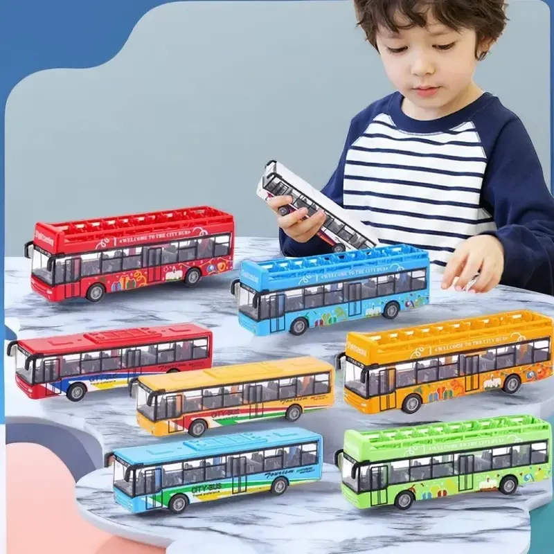 Kendaraan kota Express Bus paduan Model Bus kota Double-decker Bus Diecast kendaraan mainan lucu tarik kembali mobil hadiah anak-anak