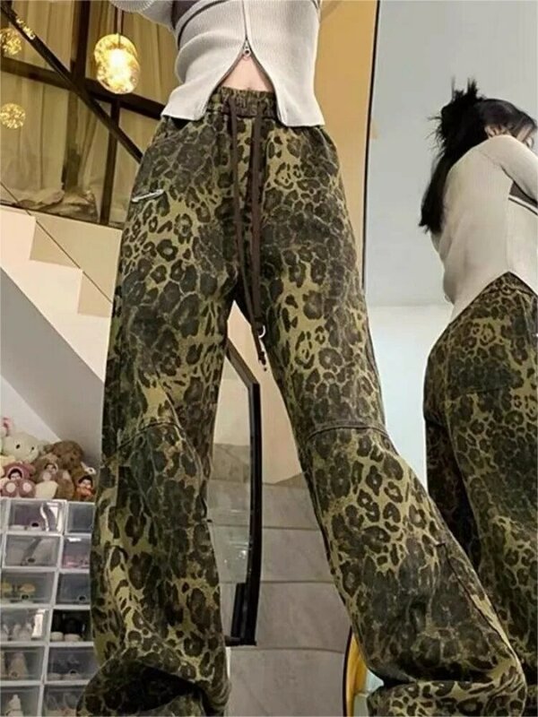 HOUZHOU Y2k Vintage Leopard Sweatpants Woman Baggy Animal Print Cargo Pants Jogger High Shot Sports Trousers Korean Style Spring
