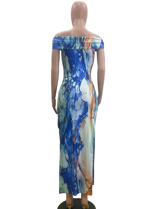 여름 휴가 여성용 캐주얼 원피스 타이 다이 인쇄 슬래시 넥 하이 스플릿 섹시한 드레스, 실제 사진 도매