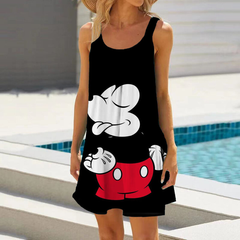 Gaun elegan Minnie Mouse untuk wanita, Gaun pantai Disney 2024, Gaun Mickey, baju mode motif atasan kasual longgar ukuran besar