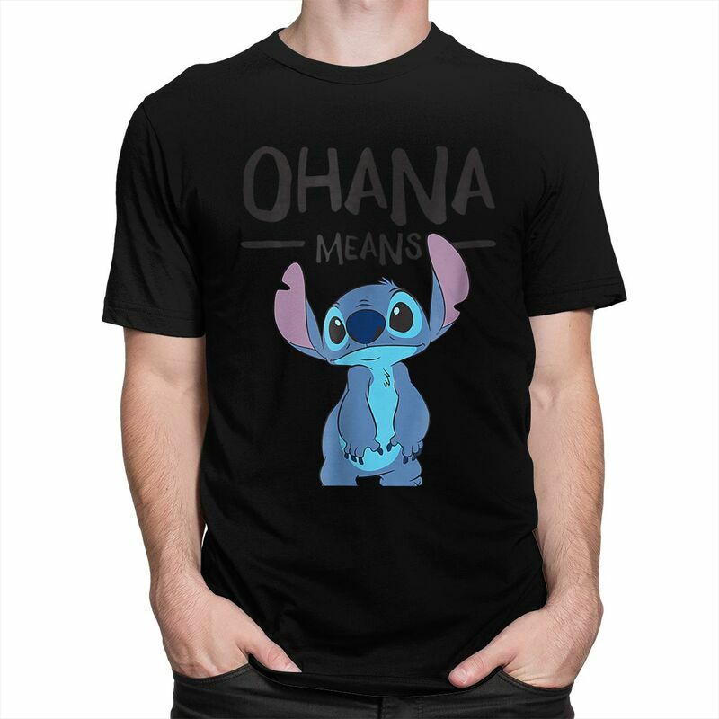 Novelty Disney Stitch Ohana Means Anime T Shirt Men Short Sleeved Soft Cotton T-shirt Graphic Tee Graphic Tshirt