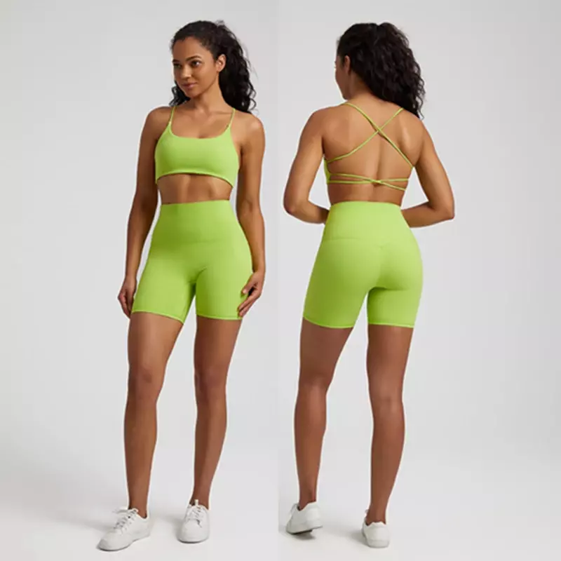 Lemon Women Gym Yoga Set Workout Training Women Sports Suit High Waist Short Legging And Cross Fitness Bra 2pcs With Chest Pad