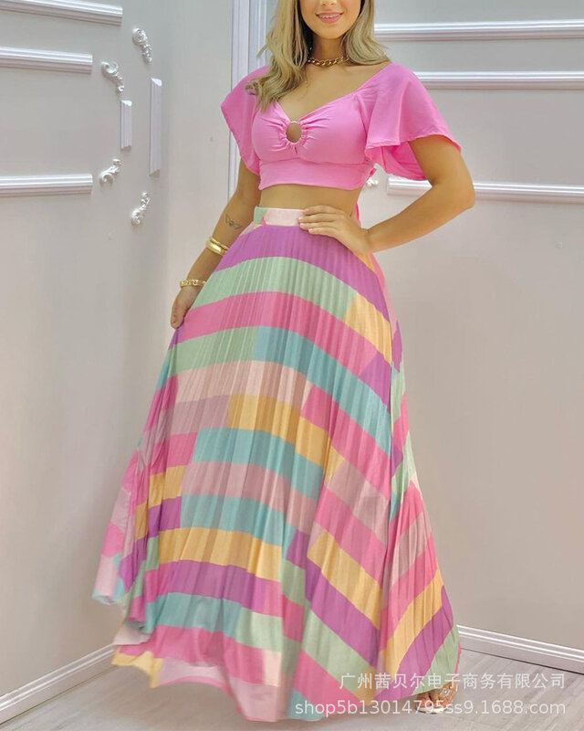 Women's Color V-neck Short Sleeve Maxi Skirt 2 Piece Sets Women Big Swing Skirts Beach Wear Crop Tops Female Long Dress