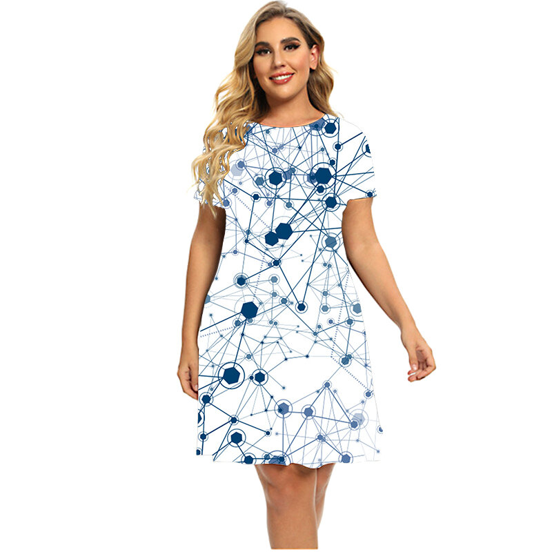 6XL Plus Size Women Clothing Summer Short Sleeve Round Neck Loose Dress Casual Fashion Hot Sale New Pattern Print A-Line Dress