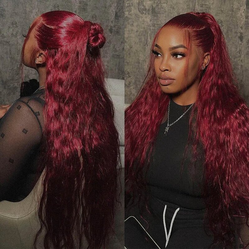 Красный парик 13x4 водной волны бордовый парик на шнуровке спереди без клея вьющиеся глубокие волны 13x6 Hd кружевные передние парики из натуральных волос для женщин