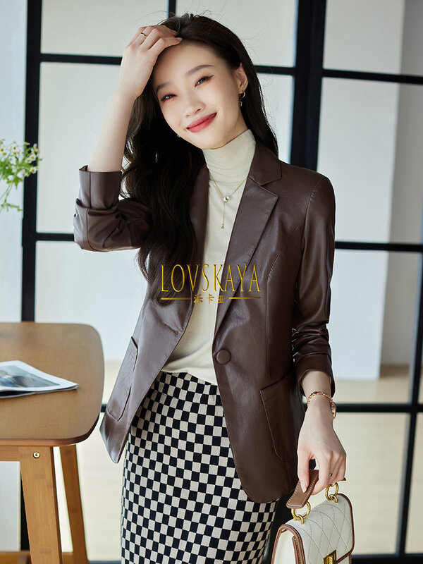 女性のための小さな革のジャケット,カジュアル,コーヒーカラー,韓国スタイル