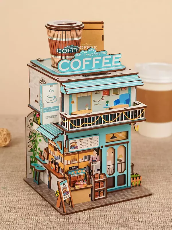 Mini edificio con vista a la calle, cafetería de madera ensamblada, casa de almacenamiento de inducción, modelo 3D, rompecabezas