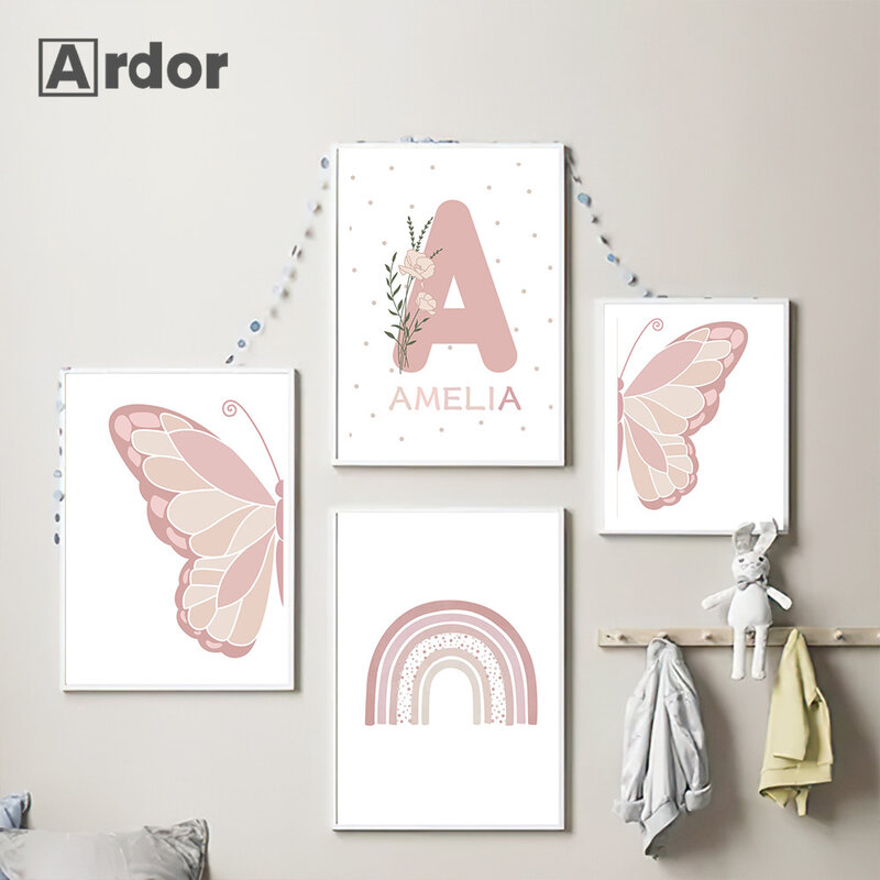 Настенный плакат с розовыми бабочками, цветами, сердцами и именем на заказ, печатный скандинавский детский плакат, радужная картина на холсте, картины, декор для комнаты для девочек