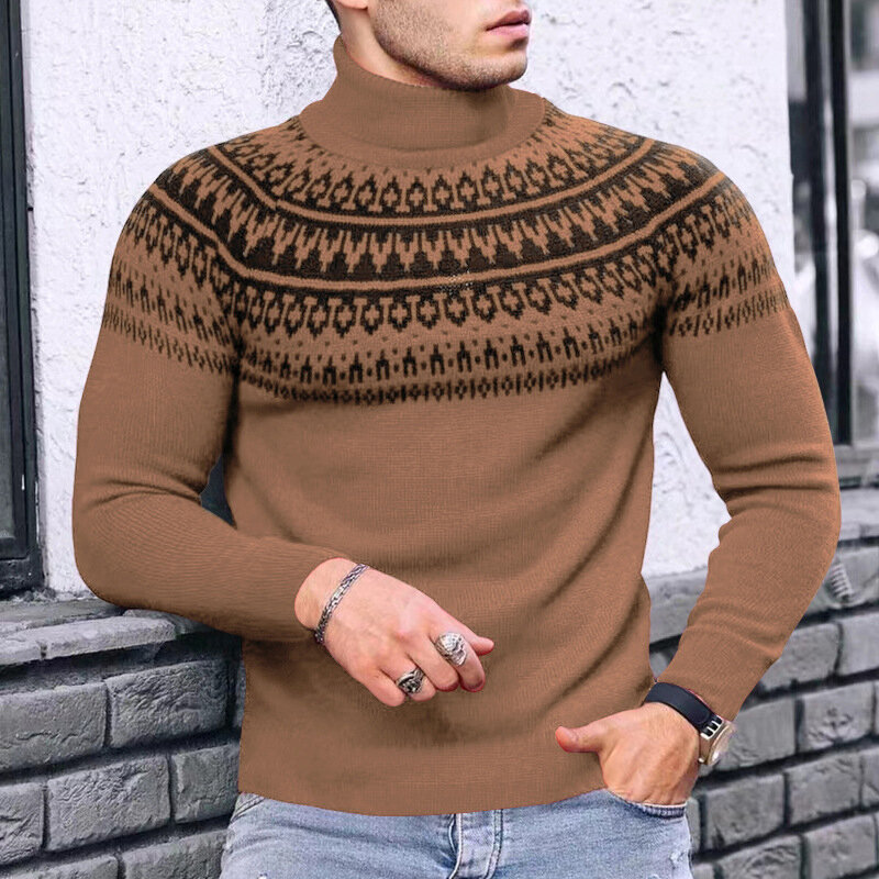 Slim Fit Turtleneck Sweaters Men Autumn Winter Vintage Pattern Printed Long Sleeve Knitting Jumper Tops For Mens Fashion Sweater