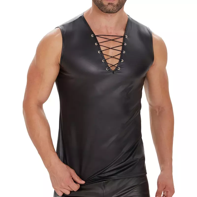 เสื้อกล้ามหนัง PU สำหรับผู้ชายเซ็กซี่เสื้อกล้ามกระชับรูปร่างทรงฝักแขนกุดเสื้อกล้ามคอวีหนังนิ่มสำหรับยิมฟิตเนส