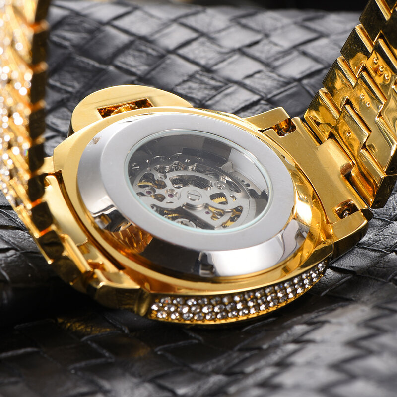 مثلج خارج الماس الساعات للرجال الهيكل العظمي توربيون التلقائي ساعات رجالي مجموعة الكوبية سلسلة الميكانيكية ساعة اليد الذهب Relogio