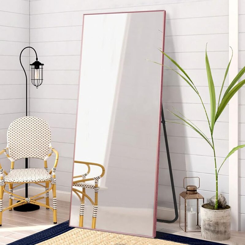Espejo de tocador independiente de piso a techo con soporte, espejo de tocador de cuerpo completo con marco delgado de aleación de aluminio, oro rosa